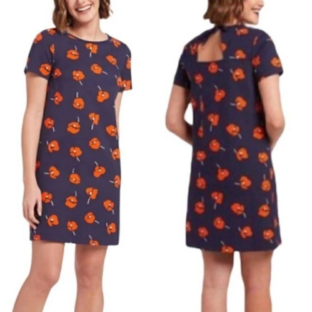 Draper James Poppy Ponte Knit Shift Dress Sz Small Floral Short Sleeve Navy Blue